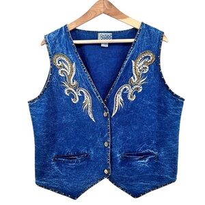 Vtg Pretty Bleu Gold Embellished Western Denim Jean Vest Sz L Beaded Embroidery